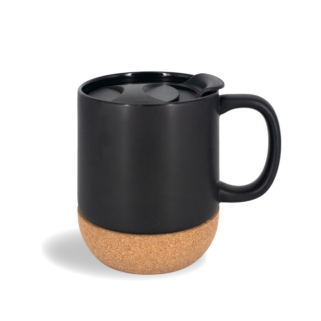 11 OZ CERAMIC MUG BLACK MATT U SHAPE CORK BASE WITH PLASTIC LID